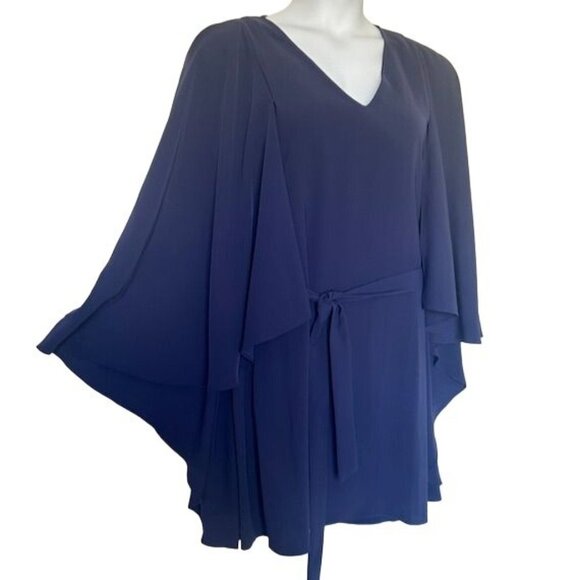 Natori Navy Blue Crepe Cape Dress V-Neck Belted Size M NWT - Picture 4 of 10